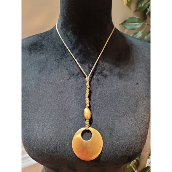 Women's Gold Circle Pendant Necklace with Braided Cord and Unique Bead Design - Picture 1 of 5